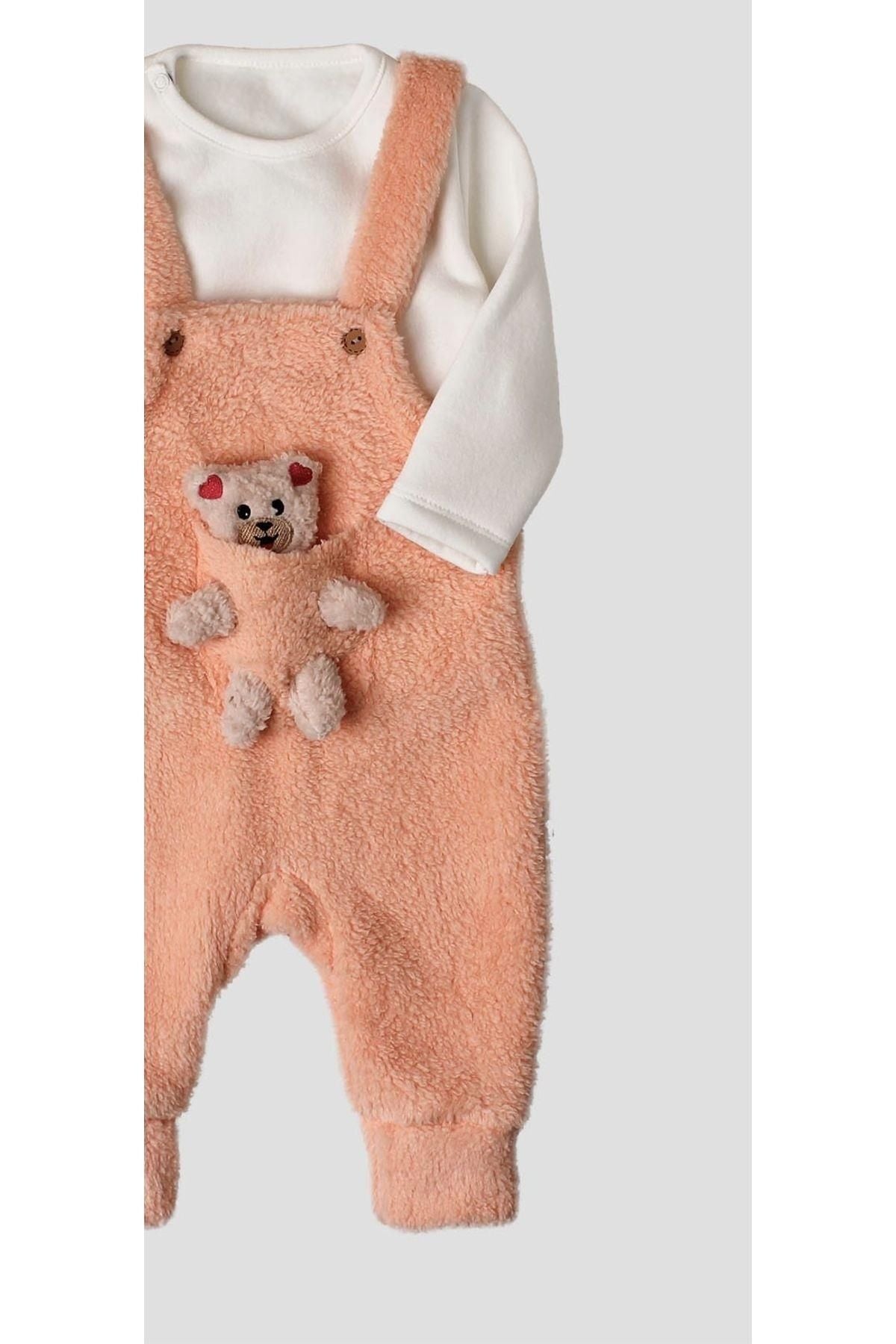 Kışlık tatlı peluş ikili takım kız bebek salopet sweatshirt